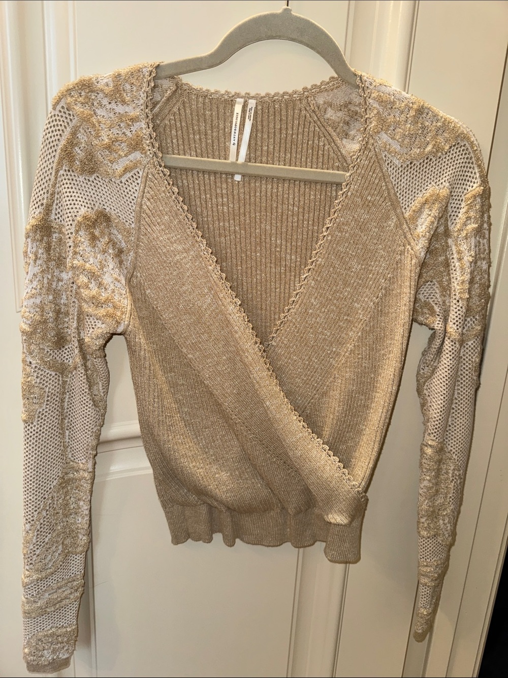 Anthropologie Beige Wrap V-Neck Sweater with Embroidered Sleeves